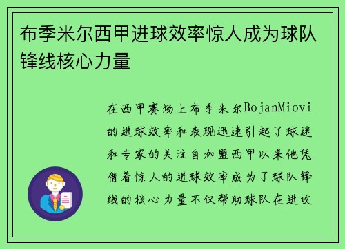 布季米尔西甲进球效率惊人成为球队锋线核心力量